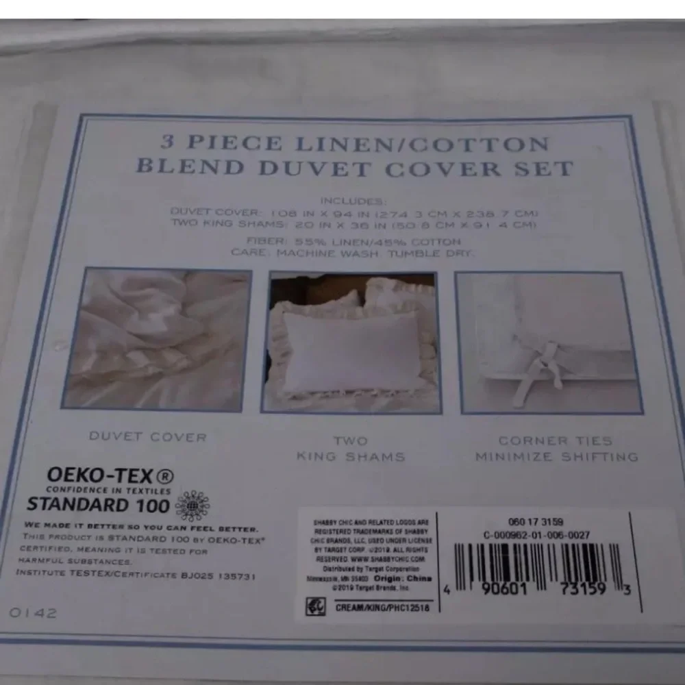 Simply Shabby Chic White/Tan Linen/Cotton Raw Edge Ruffled Duvet Set - King
